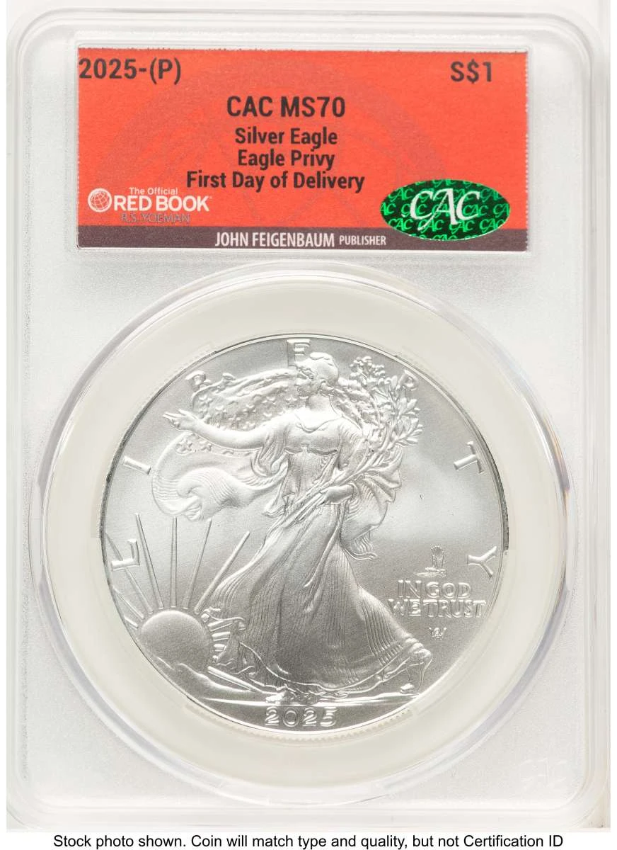 2025(-P) $1 American Silver Eagle Coin CACG MS70   with Eagle Privy - Struck at Philadelphia coin front image
