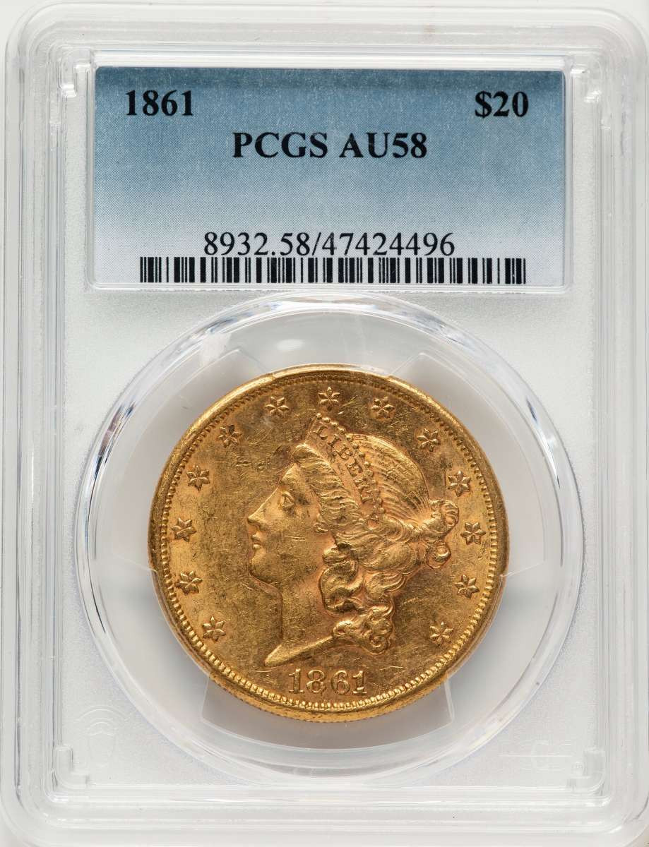 1861 $20 Liberty Gold Double Eagle PCGS AU58 coin front image