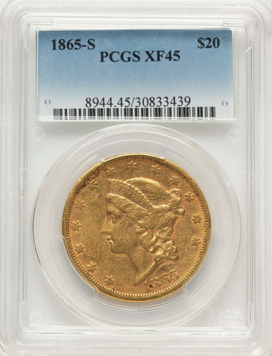 1865-S $20 Liberty Gold Double Eagle PCGS XF45 coin front image