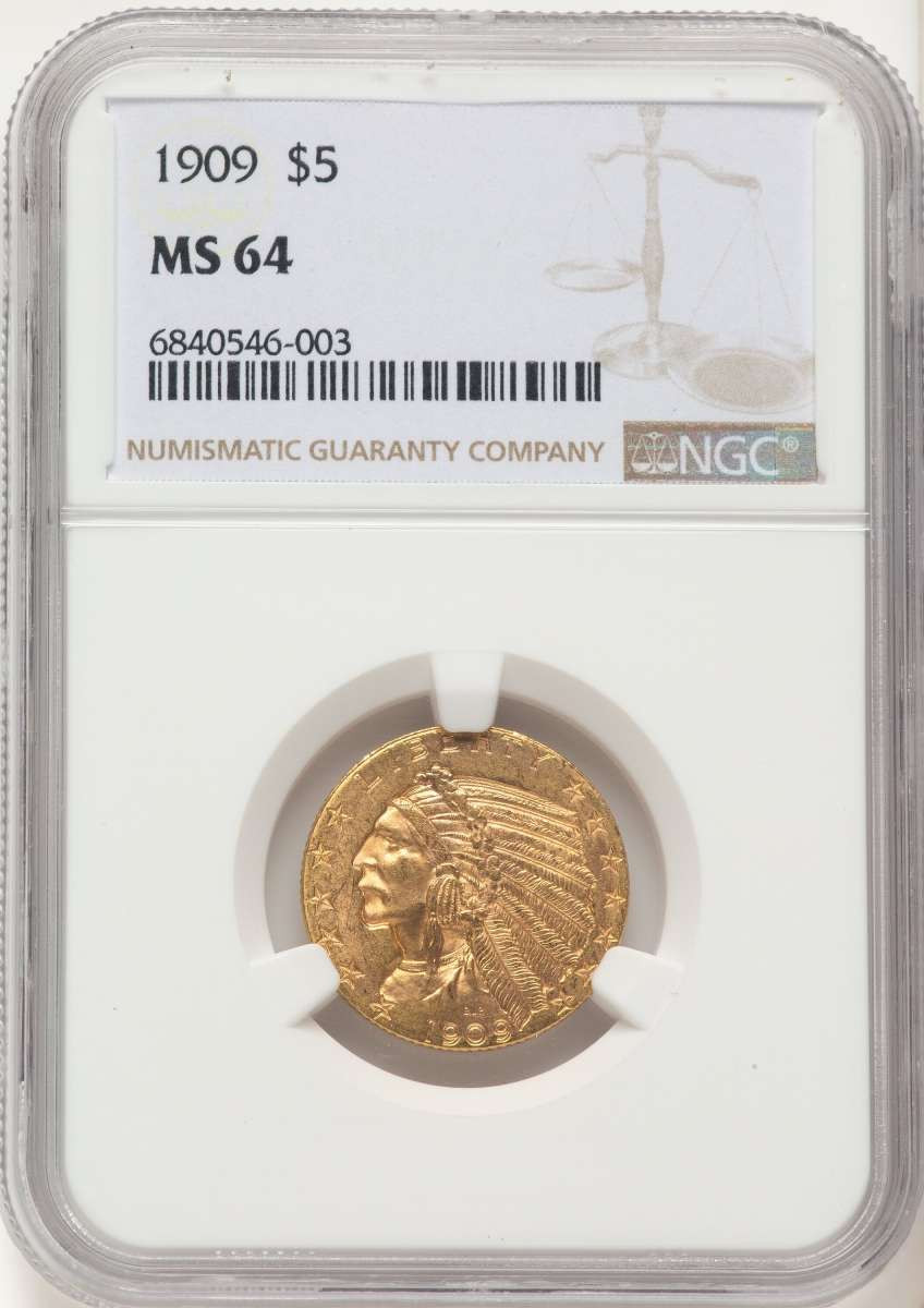 1909 $5 Indian Gold Half Eagle Coin NGC MS64 coin front image