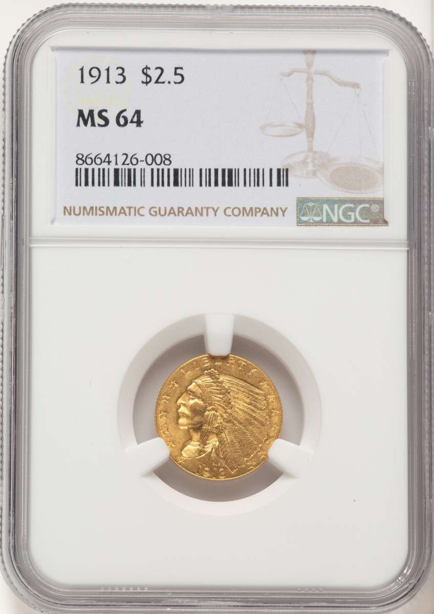 1913 $2.5 Indian Gold Quarter Eagle Coin NGC MS64 coin front image