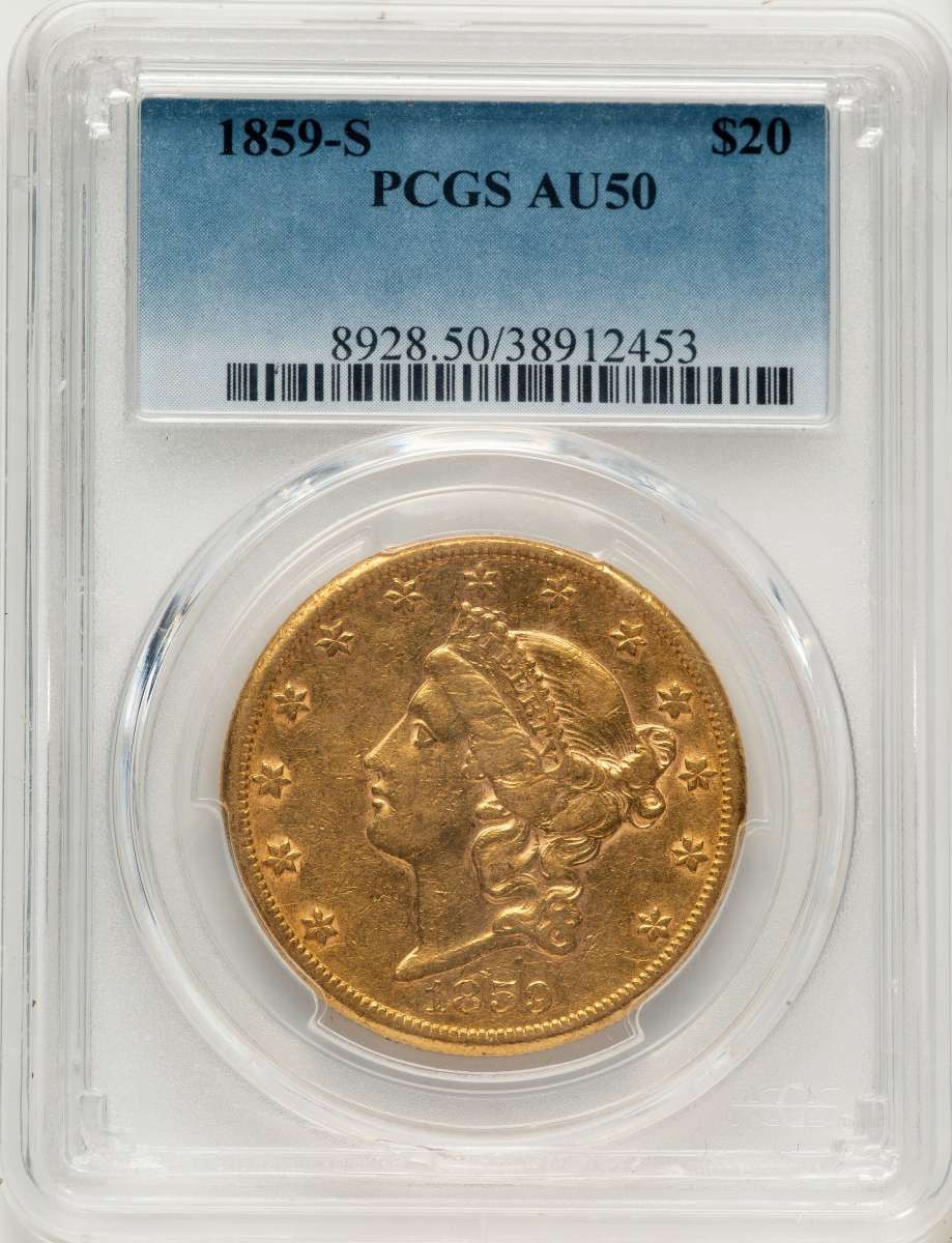 1859-S $20 Liberty Gold Double Eagle PCGS AU50 coin front image