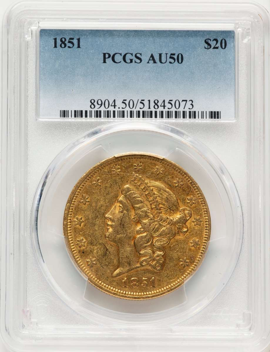 1851 $20 Liberty Gold Double Eagle PCGS AU50 coin front image