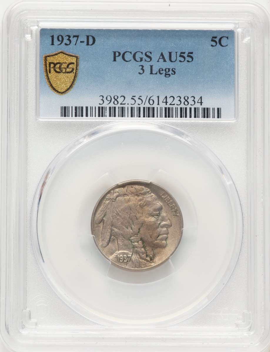 1937-D 5C Buffalo Nickel Coin PCGS AU55   Three-Legged coin front image