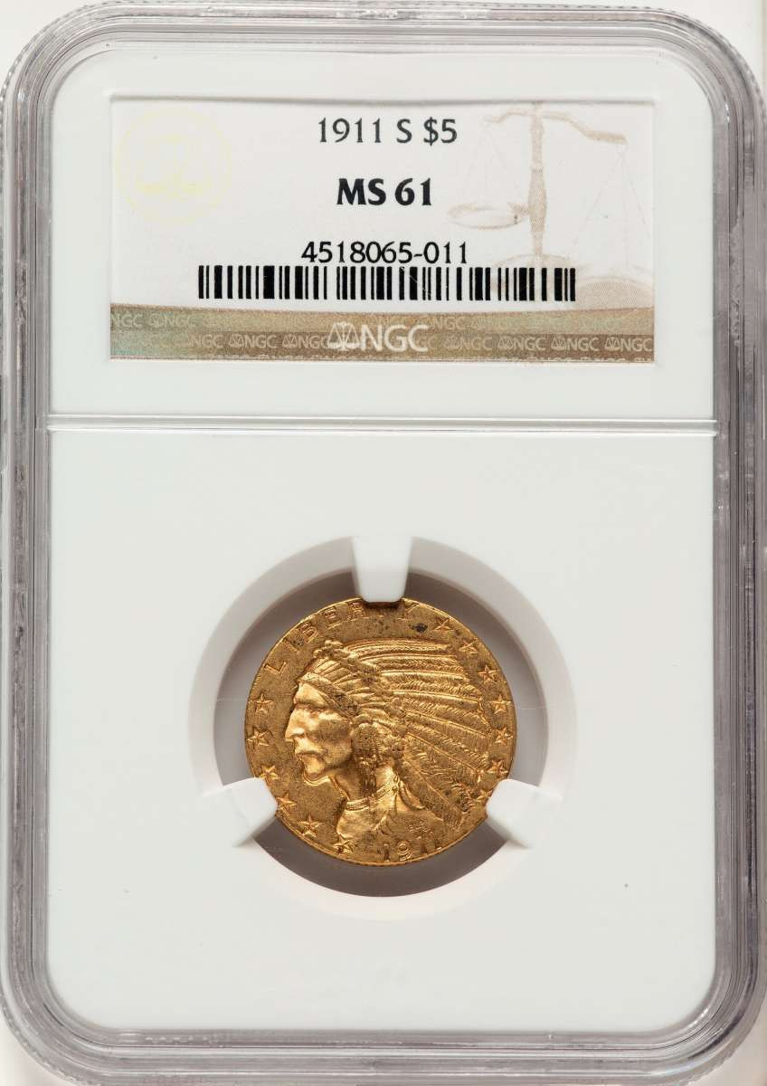 1911-S $5 Indian Gold Half Eagle Coin NGC MS61 coin front image