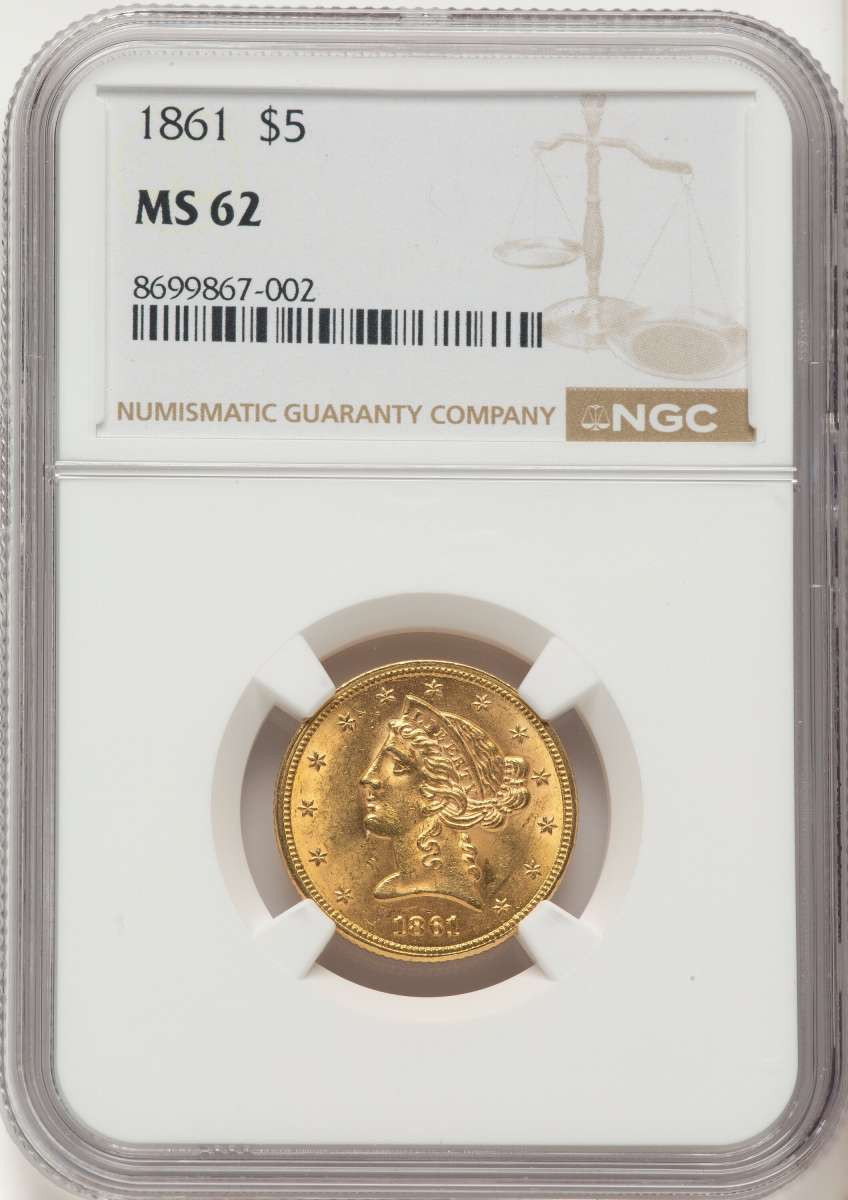 1861 $5 Liberty Gold Half Eagle Coin NGC MS62 coin front image