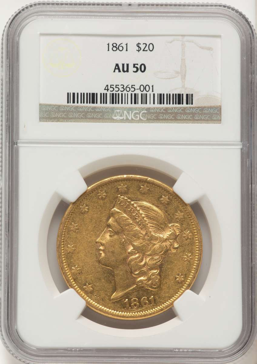 1861 $20 Liberty Gold Double Eagle NGC AU50 coin front image