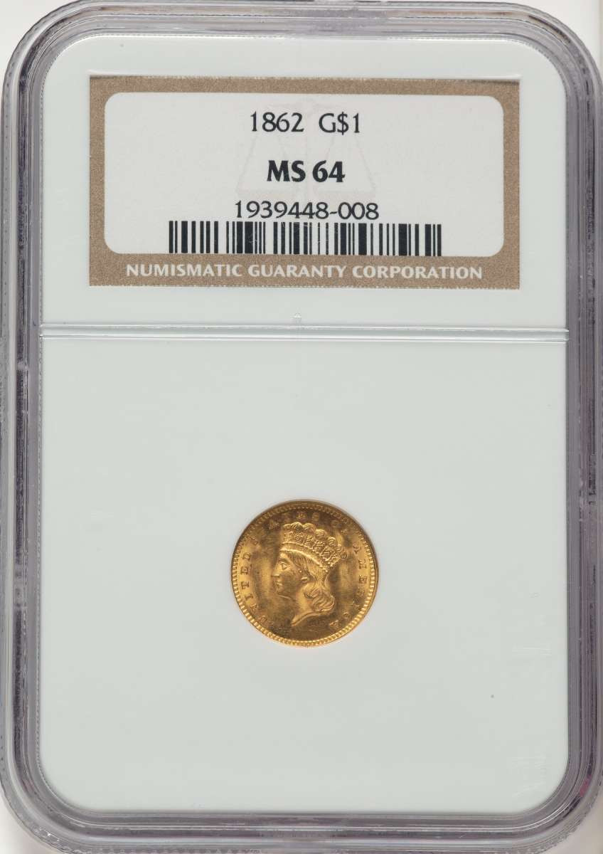 1862 G$1 Gold Dollar Coin NGC MS64 coin front image