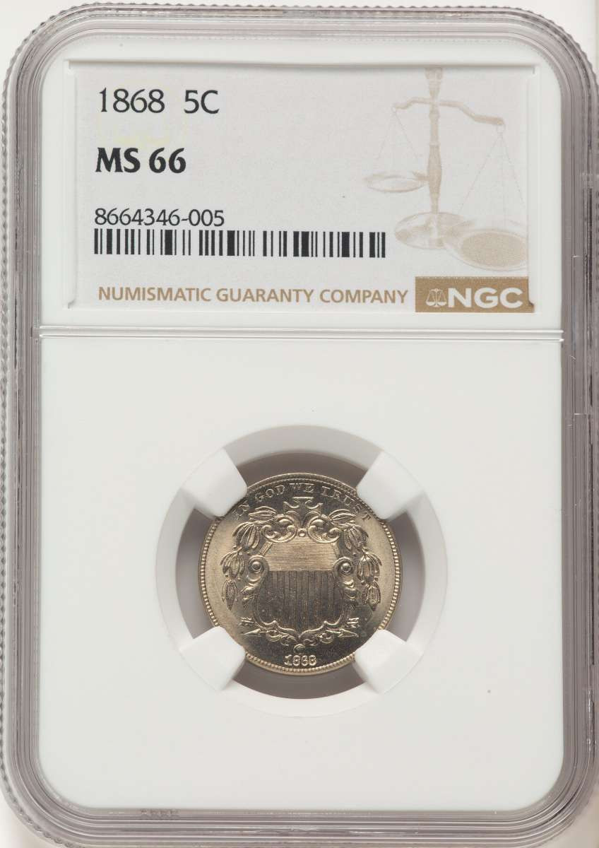 1868 5C Shield Nickel Coin NGC MS66 coin front image