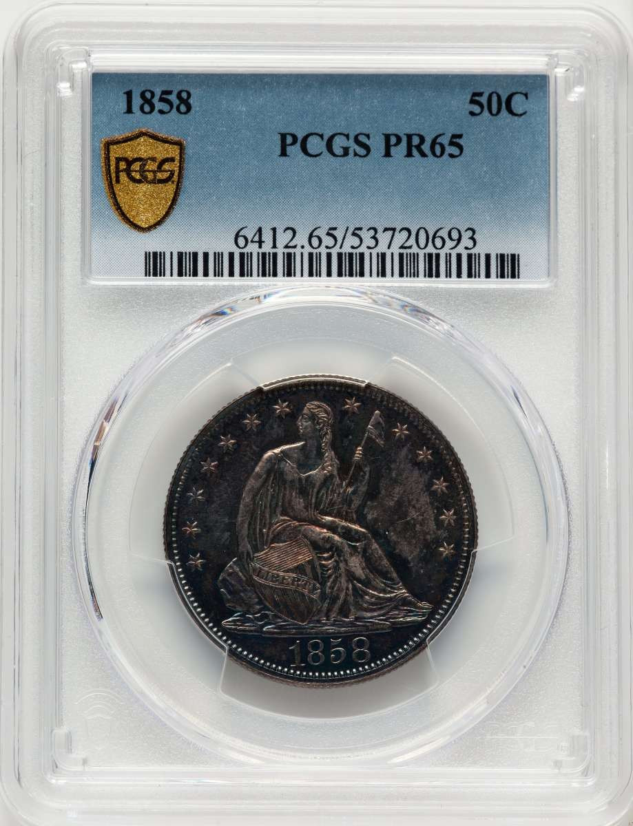 1858 50C Proof Seated Half Dollar Coin PCGS PR65 coin front image
