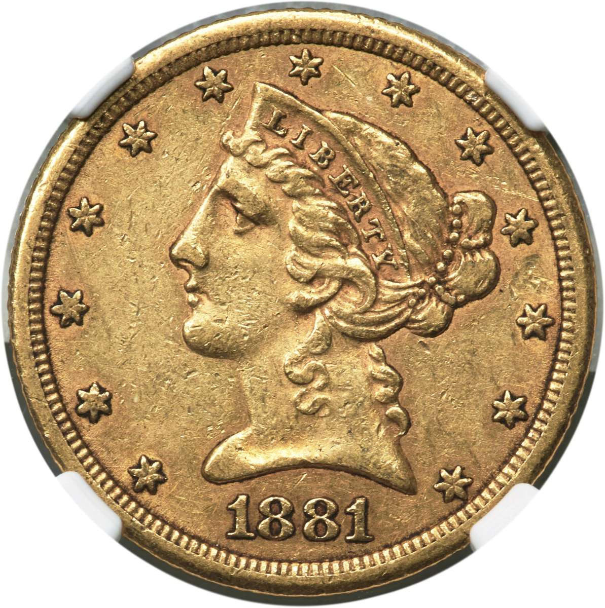 1881-CC $5 Liberty Gold Half Eagle Coin NGC AU55 coin front image