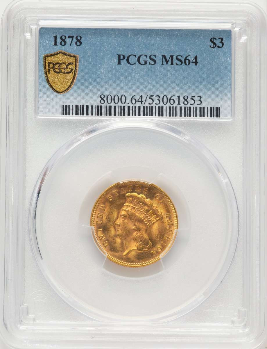1878 $3 Three Dollar Gold  Coin PCGS MS64 coin front image