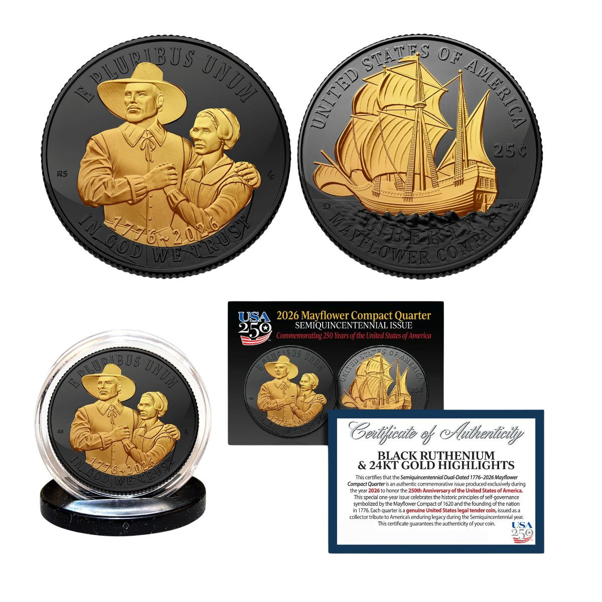 2026 Mayflower Compact Quarter Black Ruthenium & 24K Gold Highlights