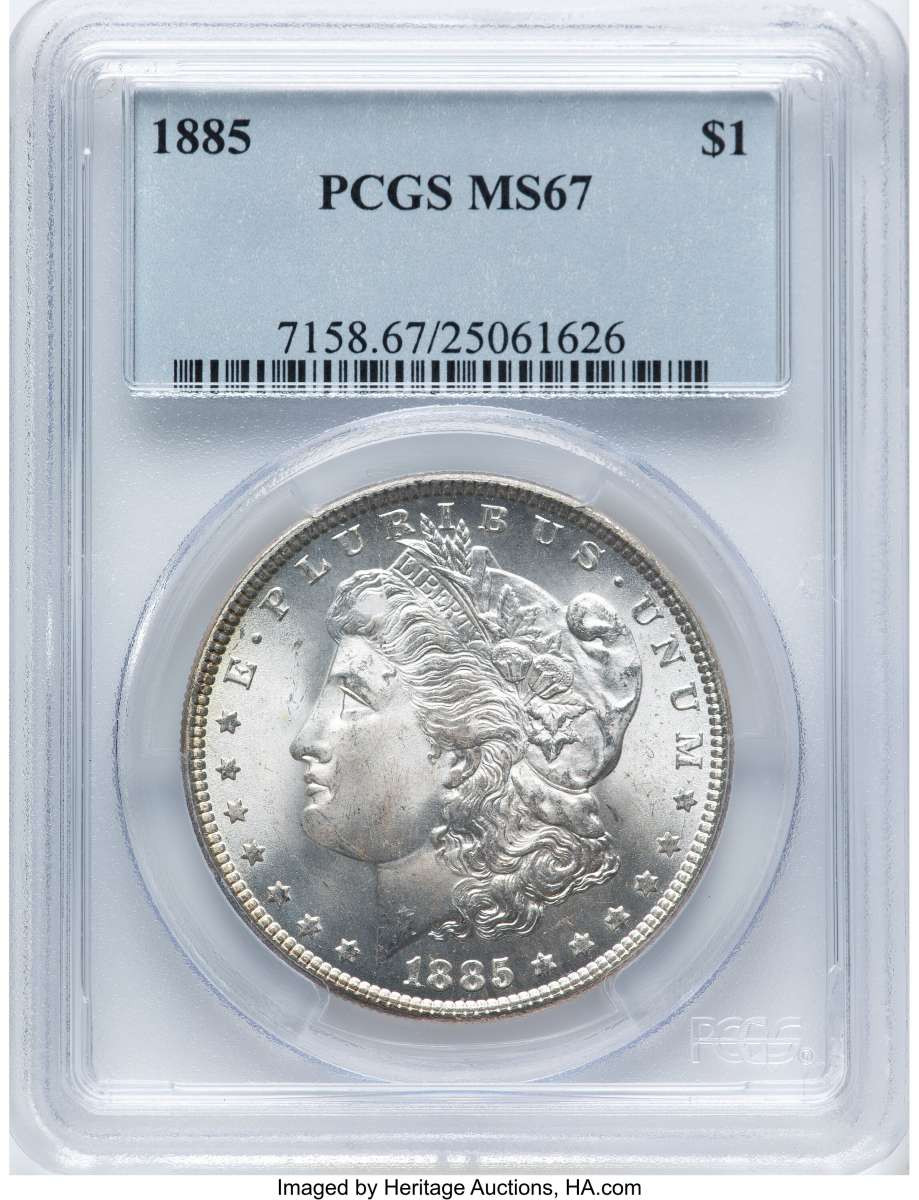 1885 S$1 Morgan Silver Dollar Coin PCGS MS67 coin front image