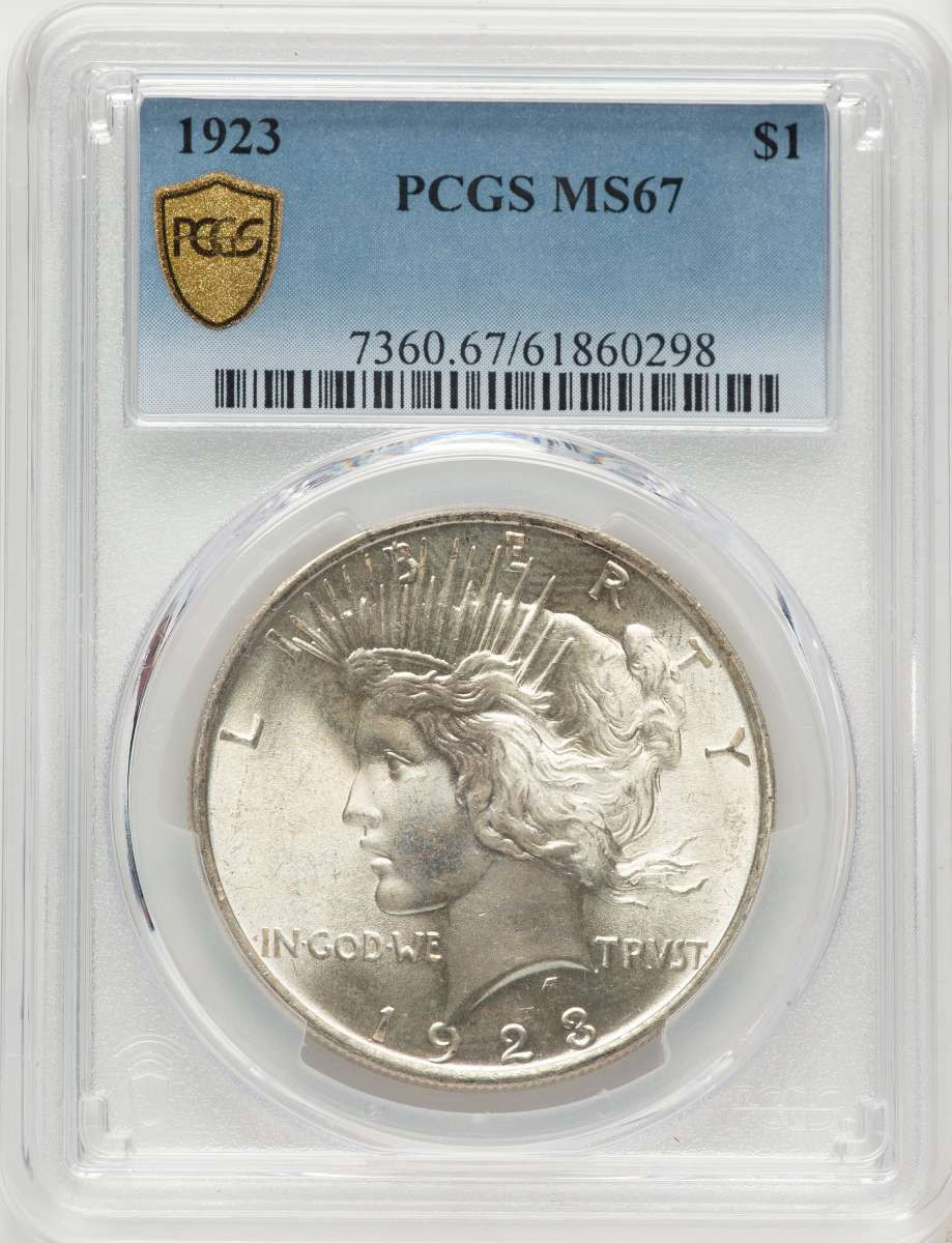 1923 S$1 Peace Silver Dollar Coin PCGS MS67 coin front image
