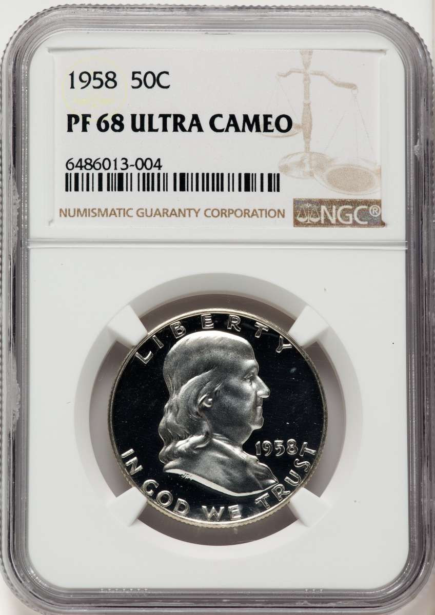 1958 50C Proof Franklin Half Dollar Coin NGC PF68 UCAM coin front image