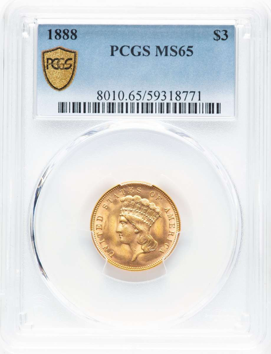 1888 $3 Three Dollar Gold  Coin PCGS MS65 coin front image