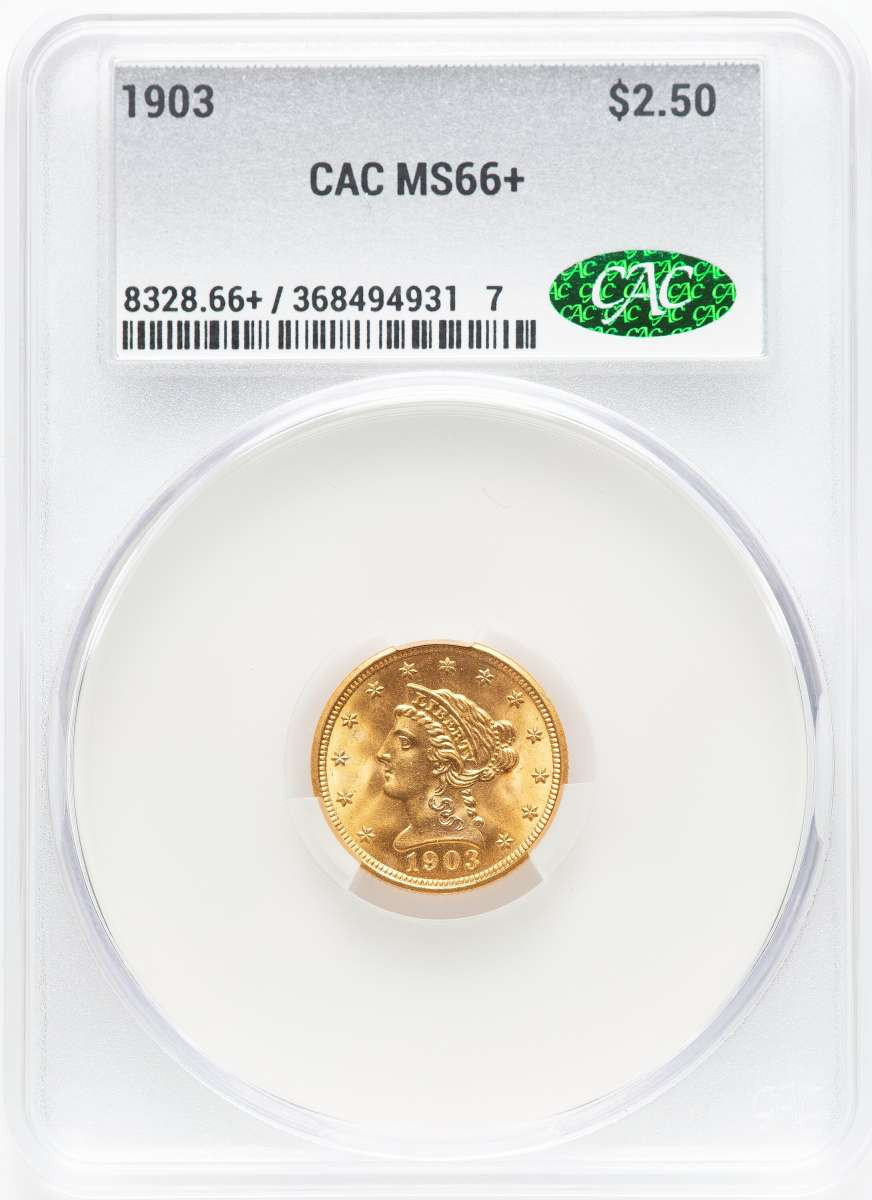 1903 $2.5 Liberty Gold Quarter Eagle Coin CACG MS66  CAC + coin front image