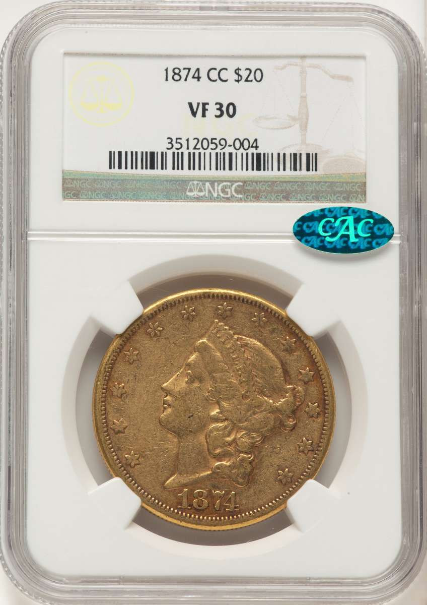 1874-CC $20 Liberty Gold Double Eagle NGC VF30  CAC coin front image
