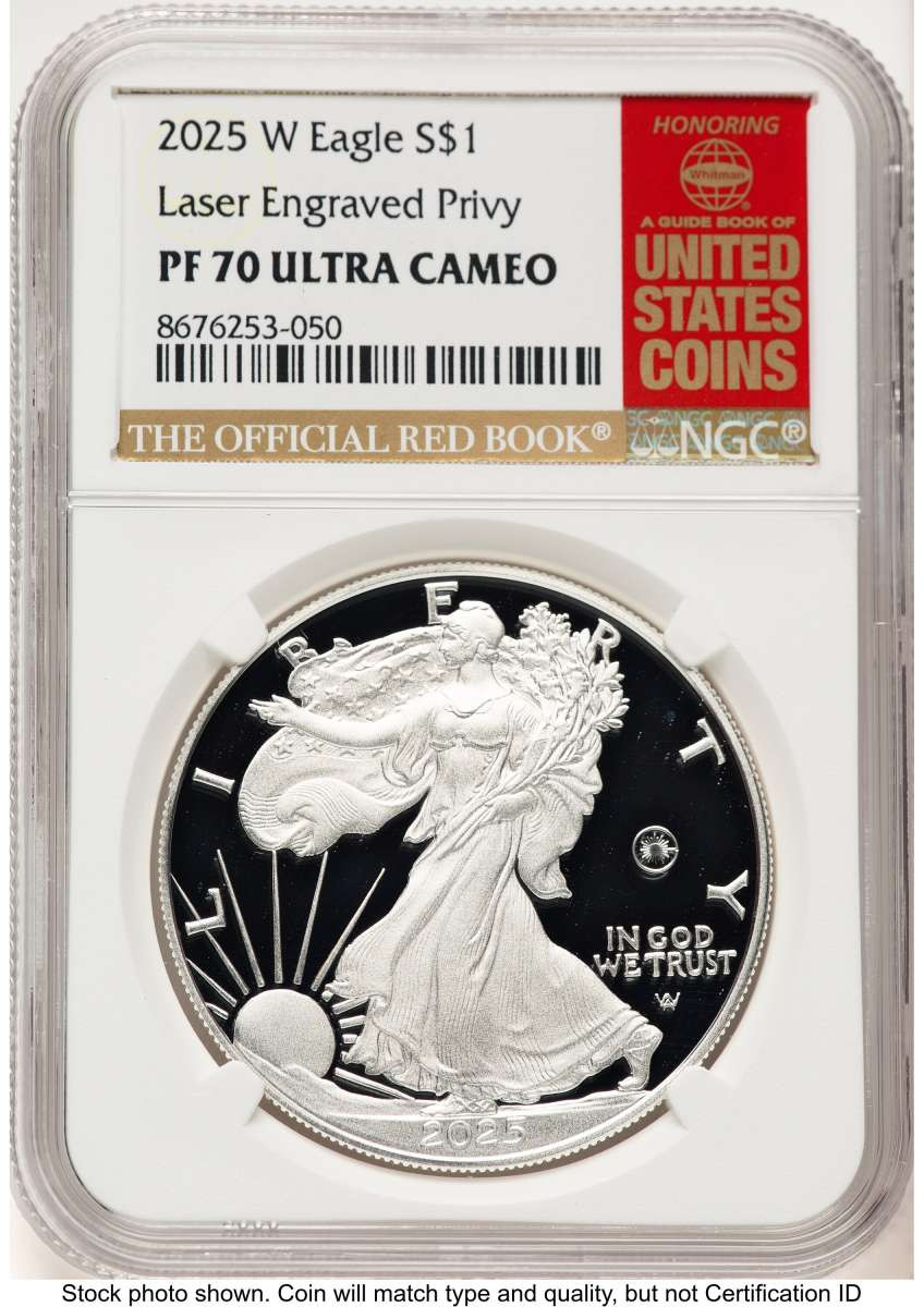2025-W $1 Proof American Silver Eagle Coin NGC PF70 UCAM - Laser Privy coin front image