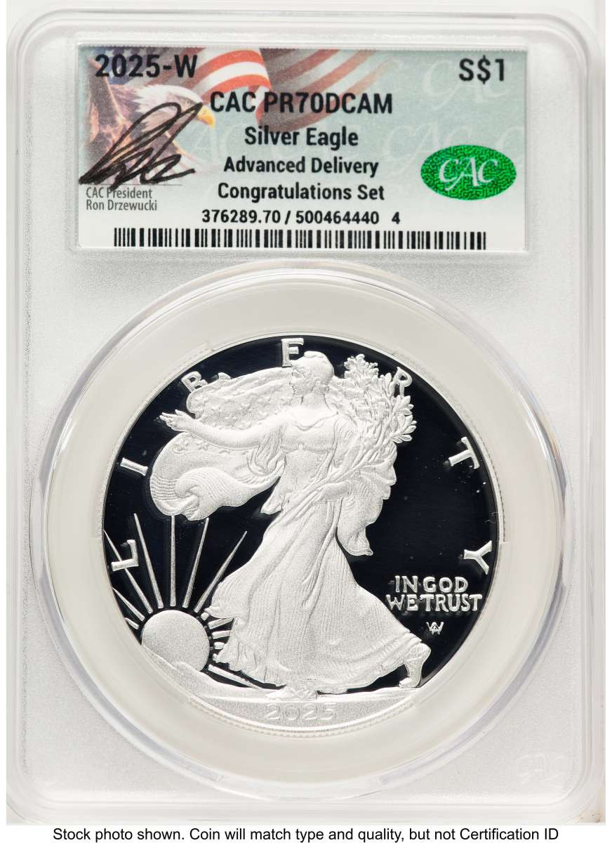2025-W $1 Proof American Silver Eagle Coin CACG PR70 DCAM - Congratulations Set - Advanced Release coin front image