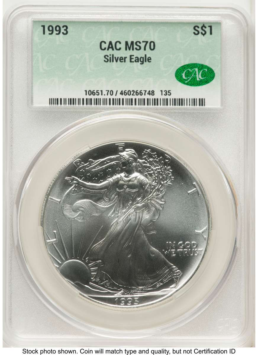 1993 S$1 American Silver Eagle Coin CACG MS70 coin front image