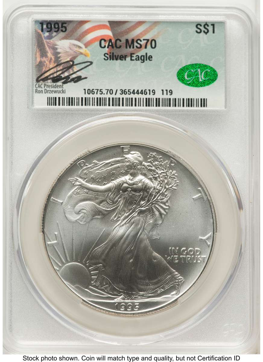 1995 S$1 American Silver Eagle Coin CACG MS70 coin front image