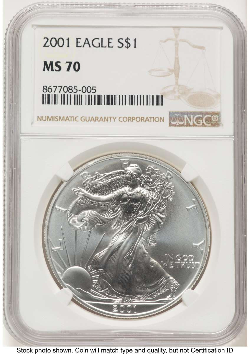 2001 S$1 American Silver Eagle Coin NGC MS70 coin front image