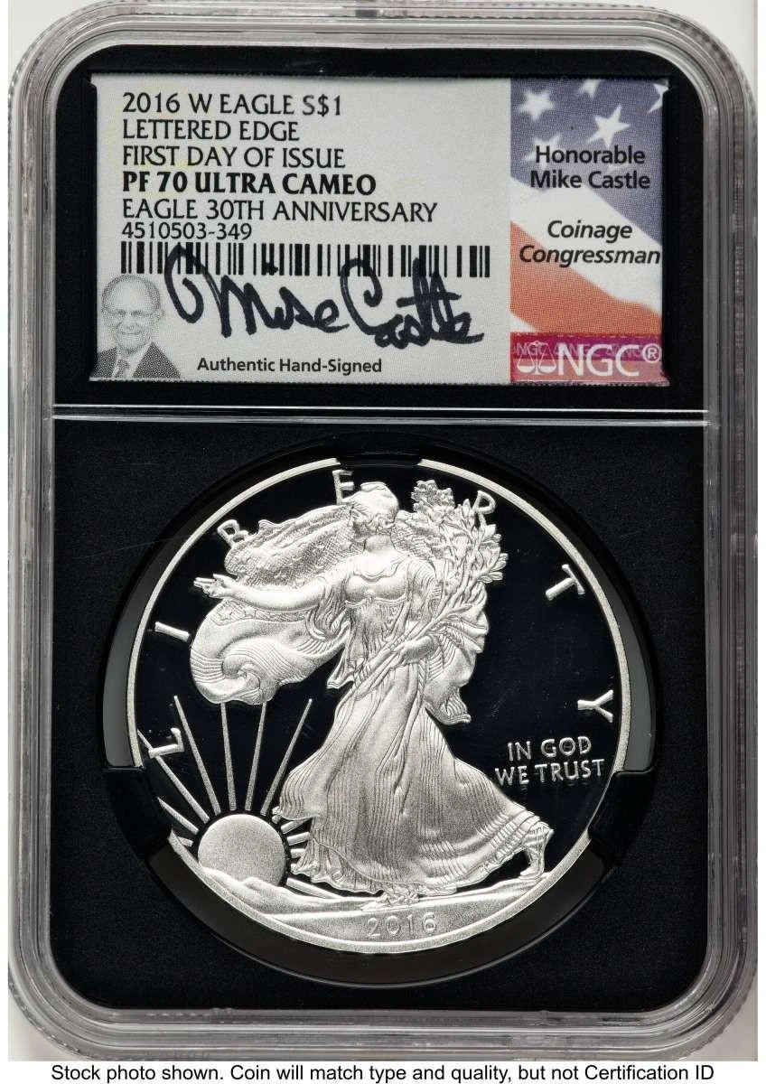 Bullionshark 2016-W S$1 Proof American Silver Eagle Coin NGC PF70 UCAM - Lettered Edge - 30th Anniversary - First Day of Issue - HAT786209037 