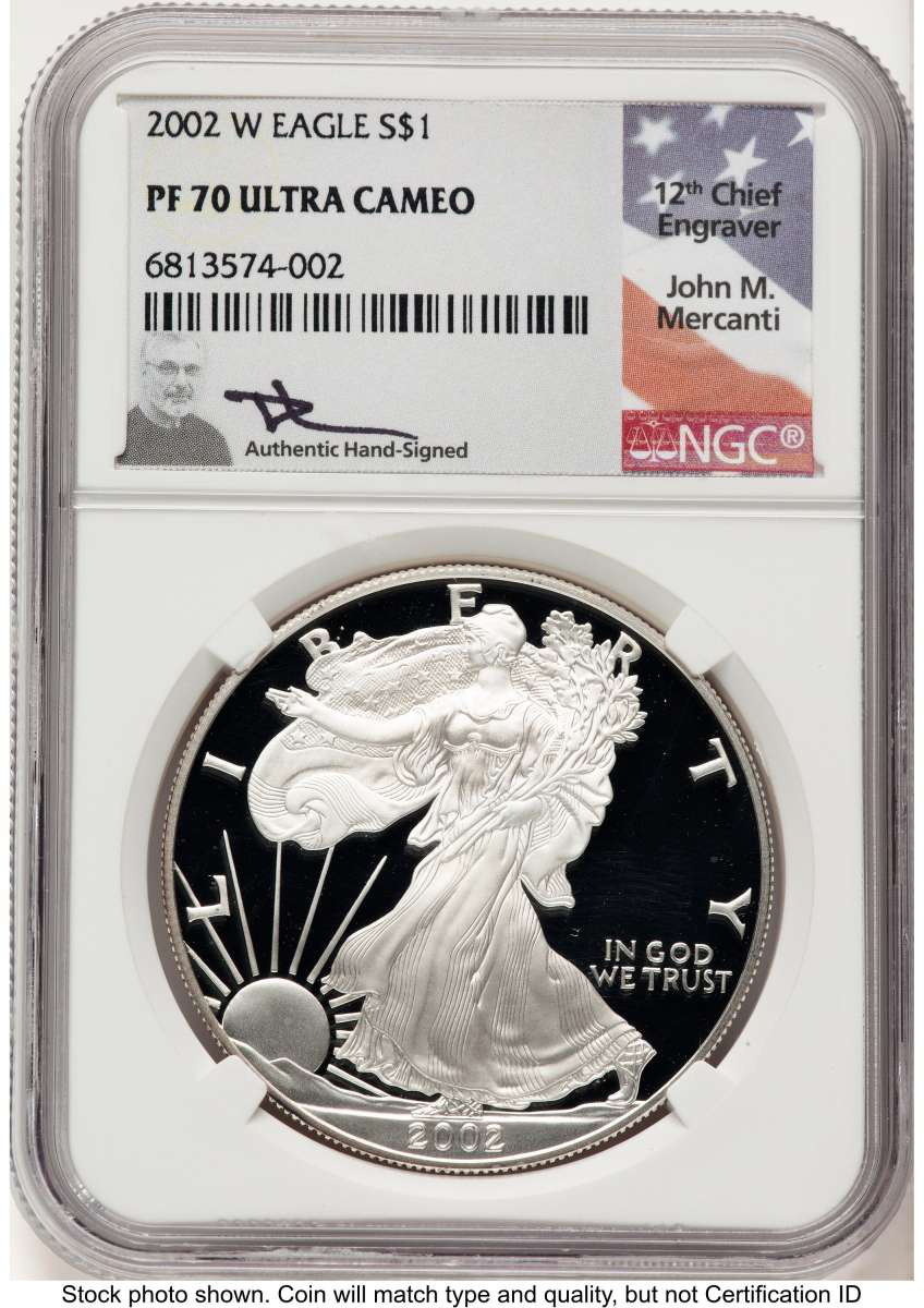 2002-W S$1 Proof American Silver Eagle Coin NGC PF70 UCAM coin front image