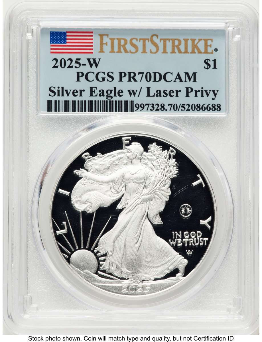 2025-W $1 Proof American Silver Eagle Coin PCGS PR70 DCAM - Laser Privy - First Strike coin front image