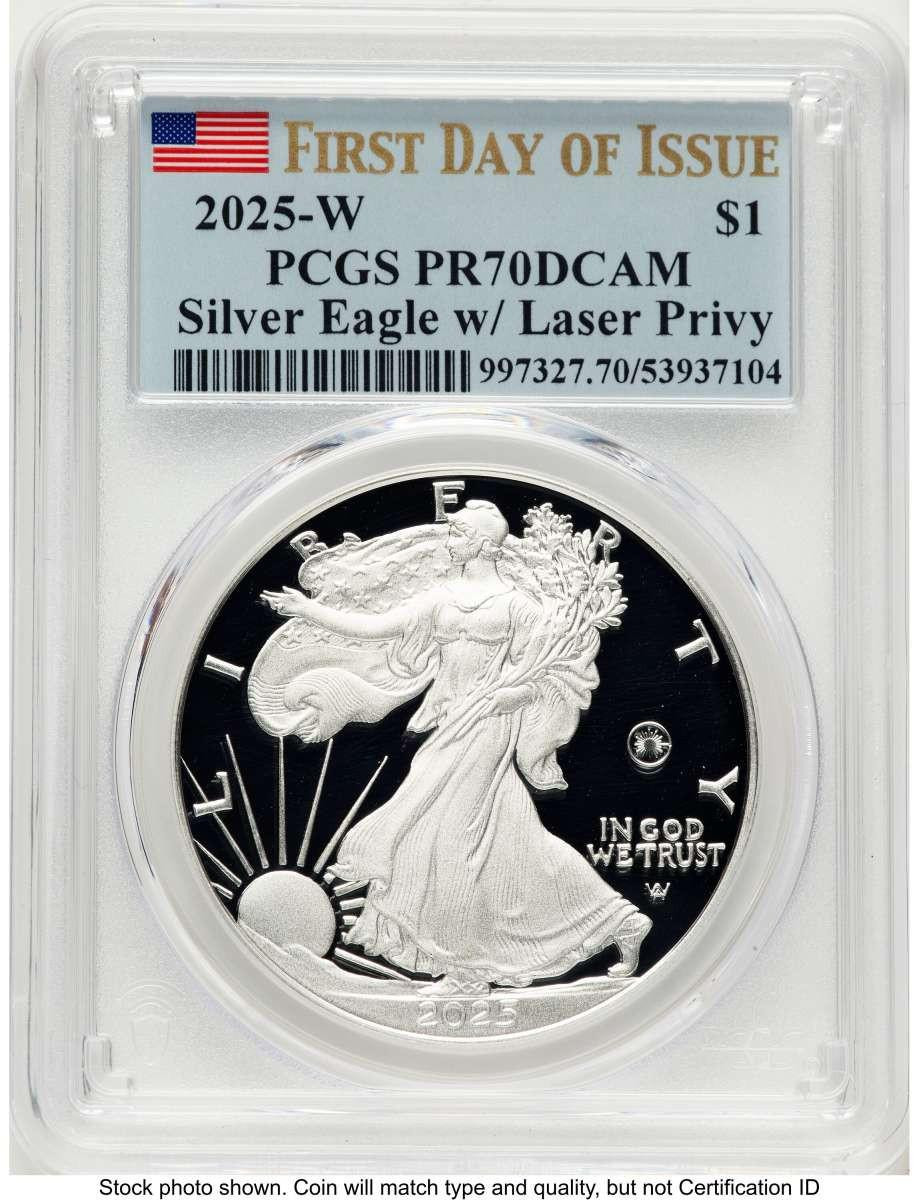 Bullionshark 2025-W $1 Proof American Silver Eagle Coin PCGS PR70 DCAM - Laser Privy - First Day of Issue - HAT780250012 