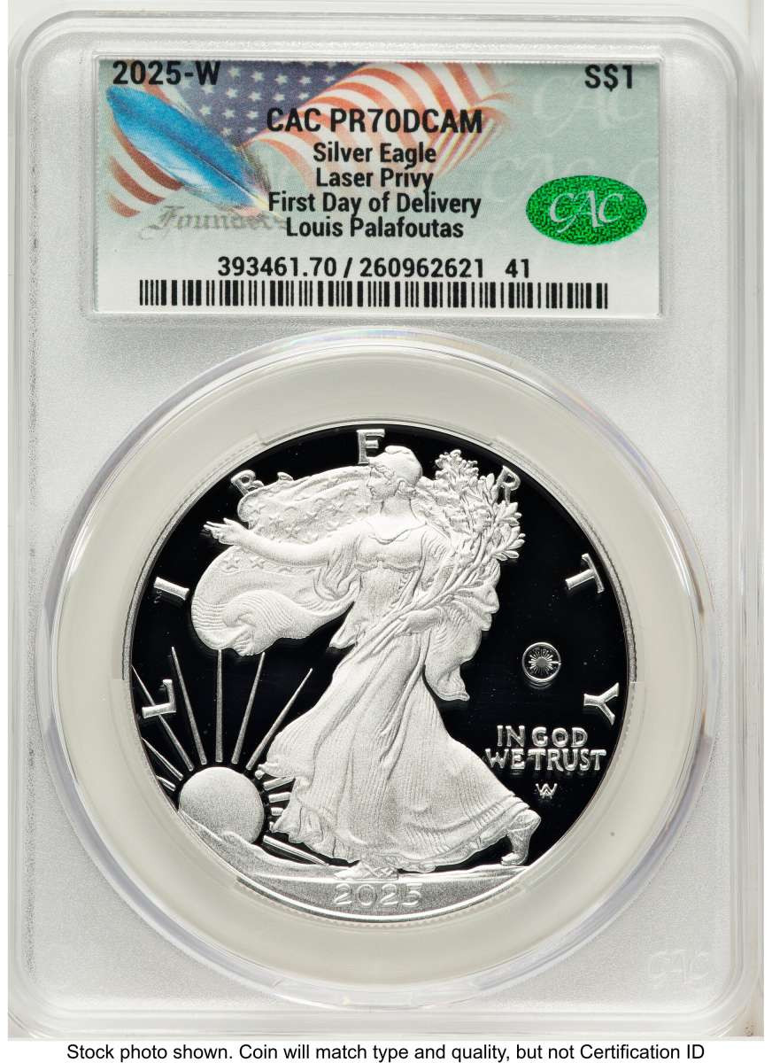 2025-W $1 Proof American Silver Eagle Coin CACG PR70 DCAM - Laser Privy - First Day of Issue coin front image