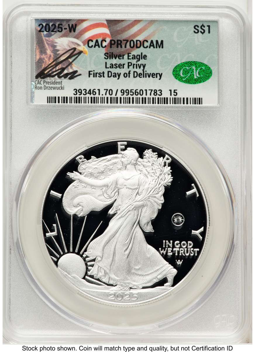 2025-W $1 Proof American Silver Eagle Coin CACG PR70 DCAM - Laser Privy - First Day of Issue coin front image