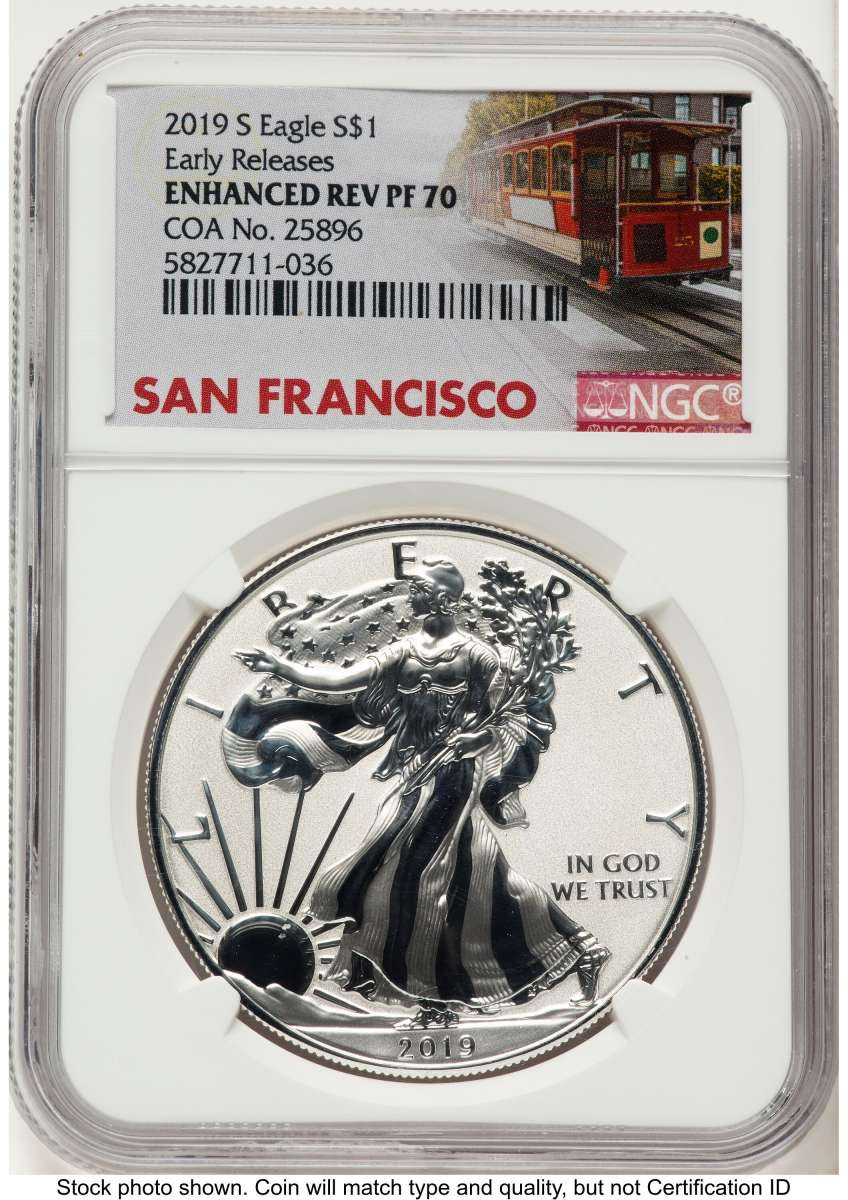 2019-S S$1 Reverse Proof American Silver Eagle Coin NGC rev PF70   Enhanced Rev PR - First Strike coin front image