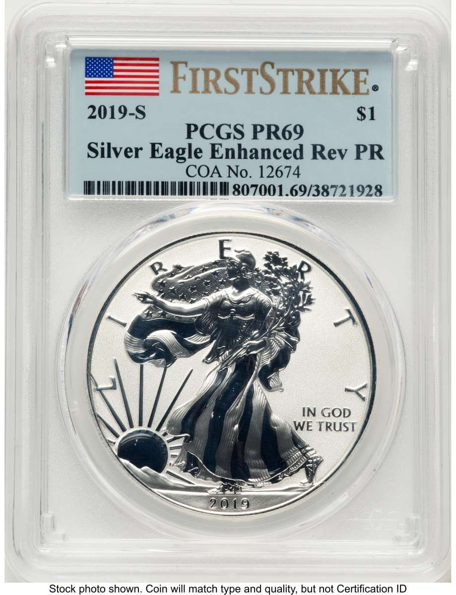 2019-S S$1 Reverse Proof American Silver Eagle Coin PCGS rev PR69   Enhanced Rev PR - First Strike coin front image