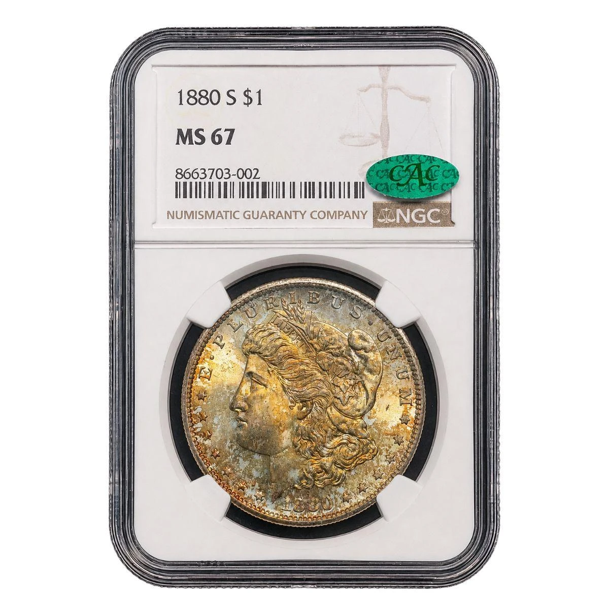  1880-S Morgan Silver Dollar NGC MS67 CAC Rainbow and Gold Toning 