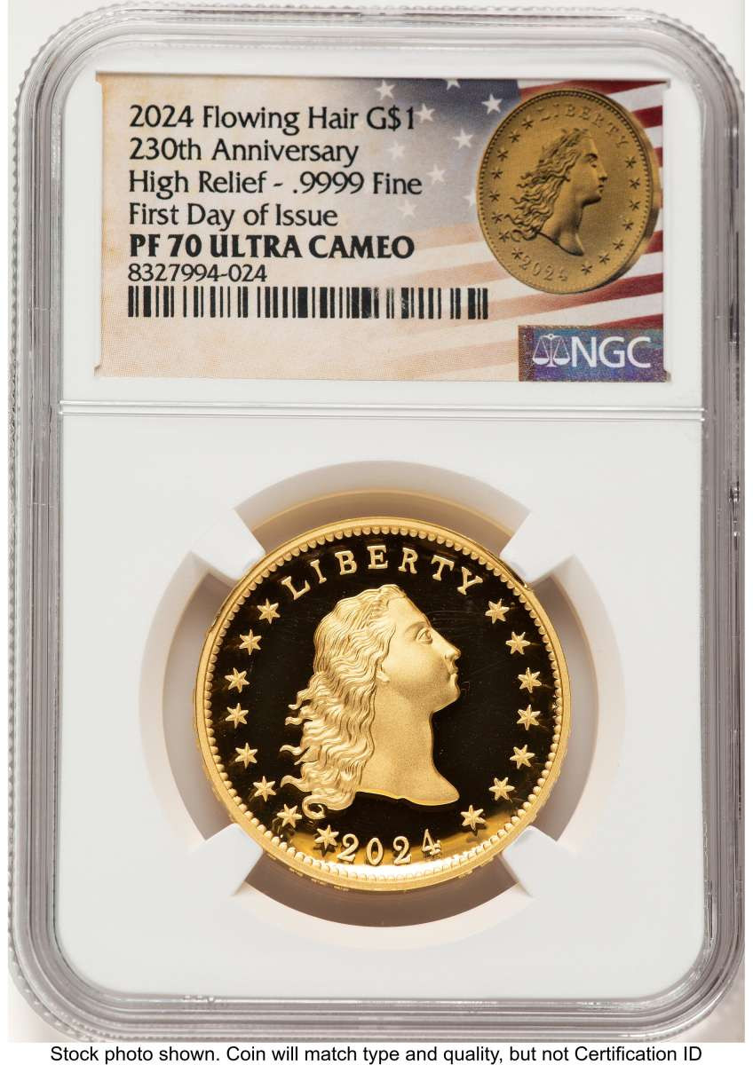 2024 $1 Gold High Relief Coin NGC MS70   Flowing Hair Dollar - One-Ounce Gold - 230th Anniversary - First Day of Issue coin front image
