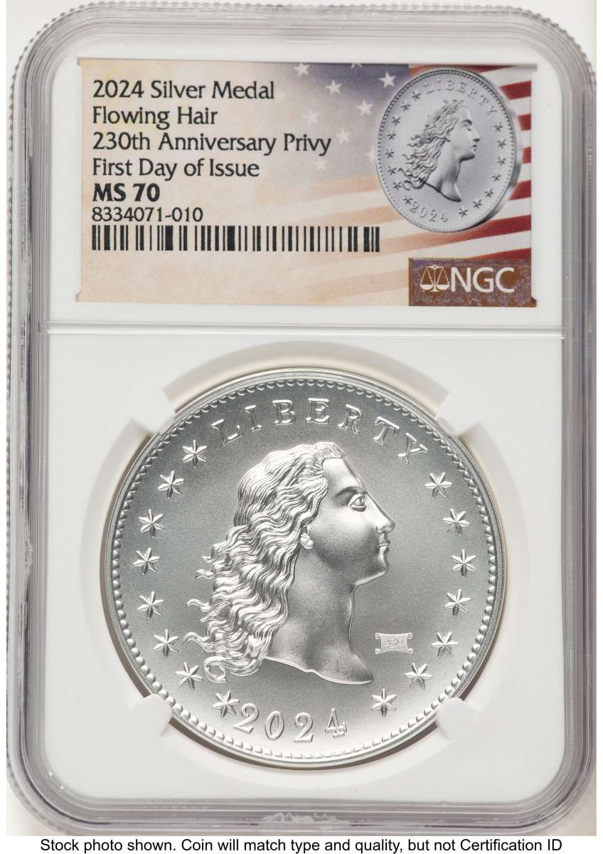 2024 Medal Modern Commemorative Coin NGC MS70   Flowing Hair - Silver - 230th Anniversary Privy - First Day of Issue coin front image