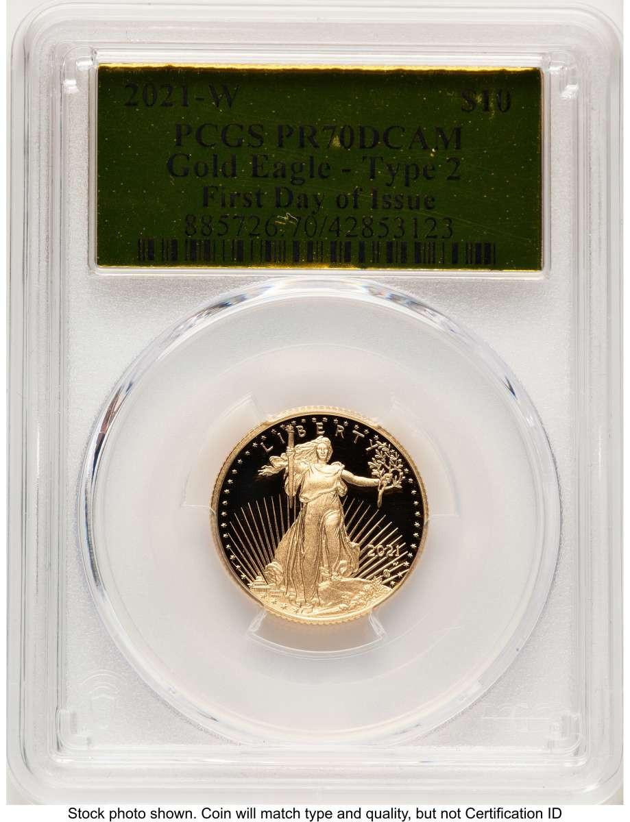 Bullionshark 2021-W G$10 Proof 1/4 oz American Gold Eagle Coin PCGS PR70 DCAM - Type Two - First Day of Issue - HAT788390056 