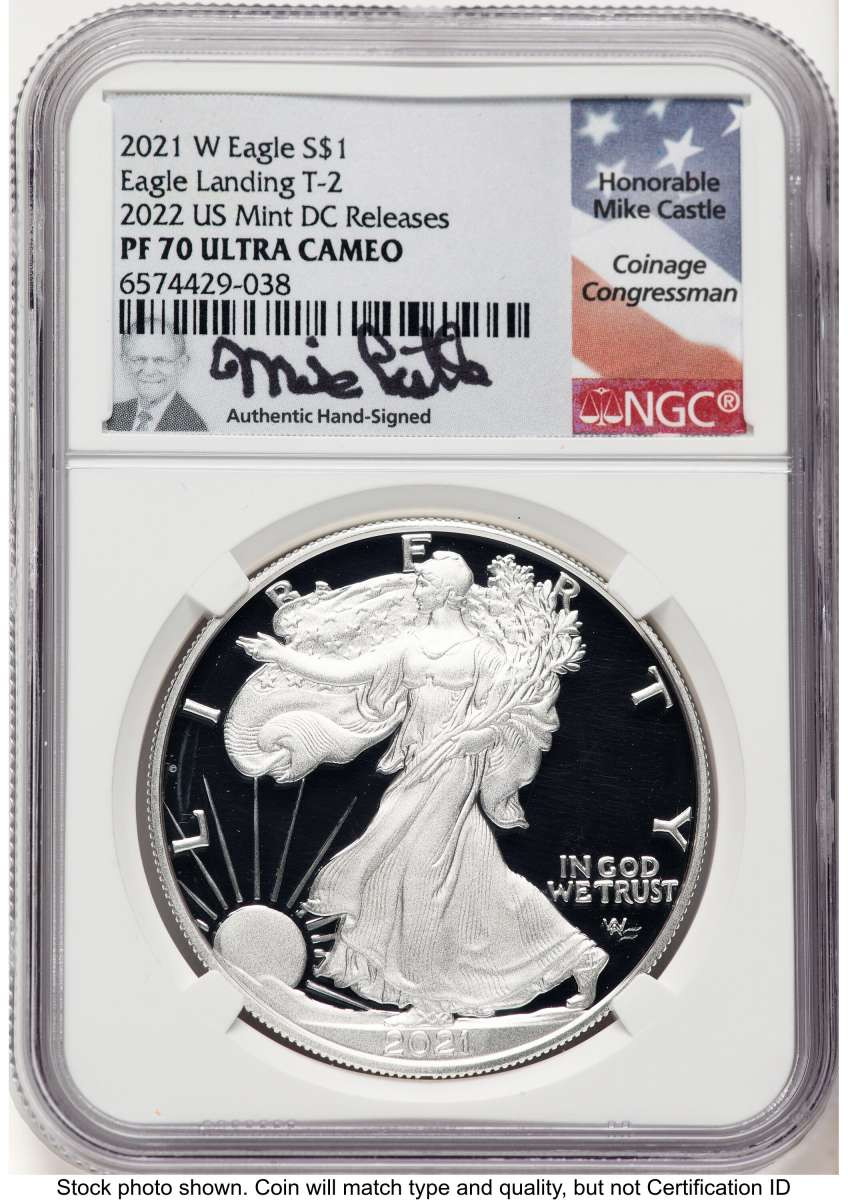 2021-W S$1 Proof American Silver Eagle Coin NGC PF70 UCAM - Type Two coin front image