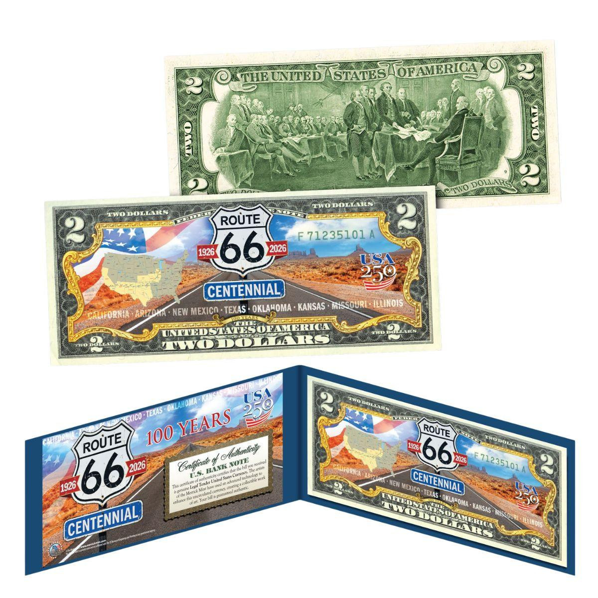 1926-2026 Route 66 100 Anniversary Legal Tender $2 Bill - USA 250