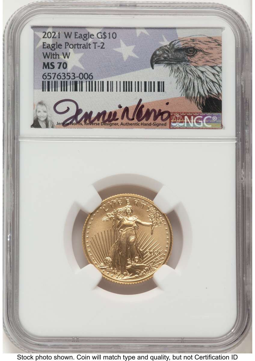 2021-W $10 Proof 1/4 oz American Gold Eagle Coin NGC PF70 UCAM - Type Two - Unfinished  Dies coin front image