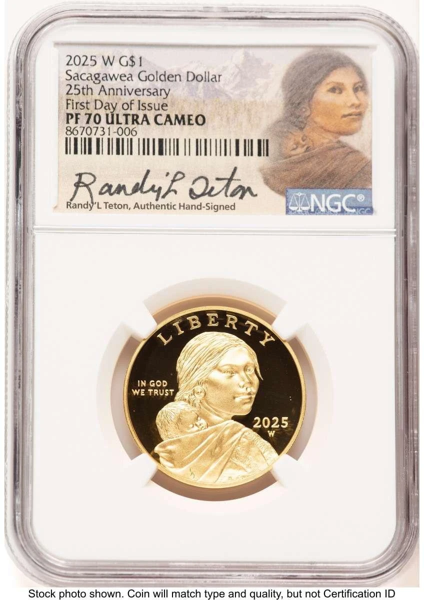 Bullionshark 2025-W $1 Proof Modern Bullion Coin NGC PF70   Gold Sacagawea Dollar - 25th Anniversary - First Day of Issue - HAT521725052 