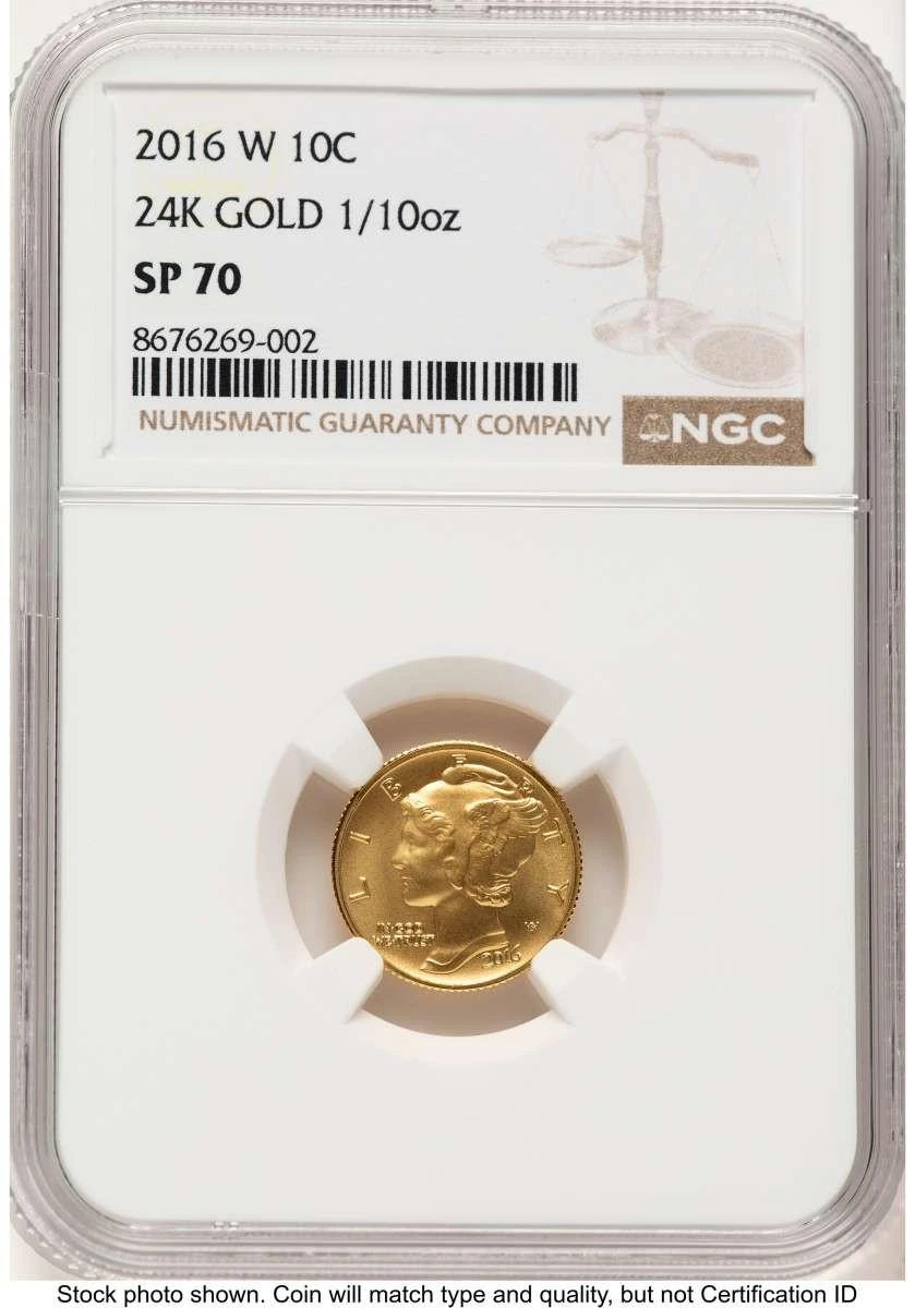 Bullionshark 2016-W 10C Modern Bullion Coin NGC MS70   Mercury Dime - Tenth-Ounce Gold - 100th Anniversary - HAT523242012 