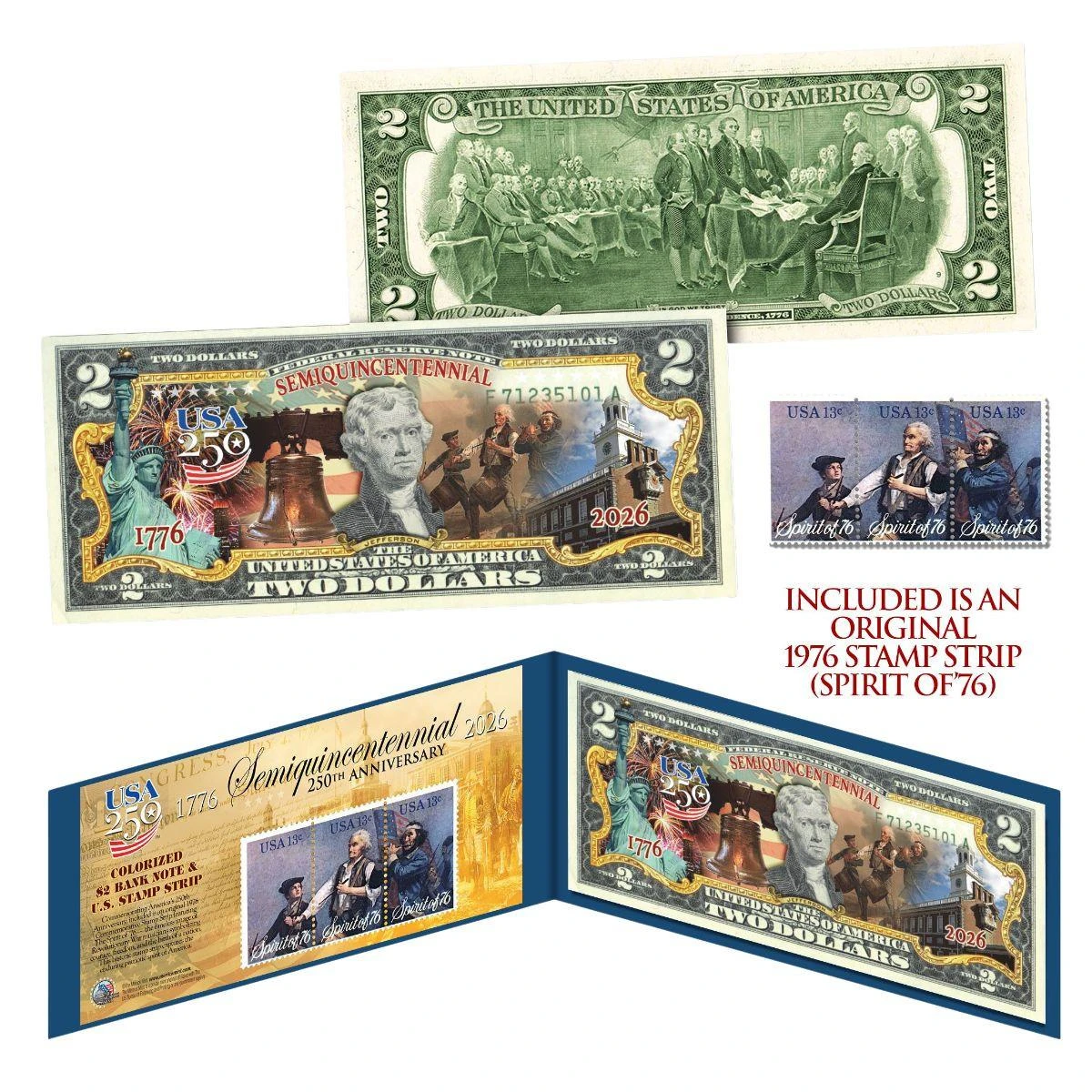  1776-2026 America's 250th Anniversary 2 Dollar Bill w/ an Original 1976 “Spirit of ’76” 3-Panel Stamp Strip 