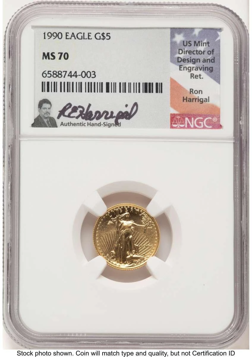 Bullionshark 1990 $5 1/10 oz American Gold Eagle Coin NGC MS70 - HAT759232016 