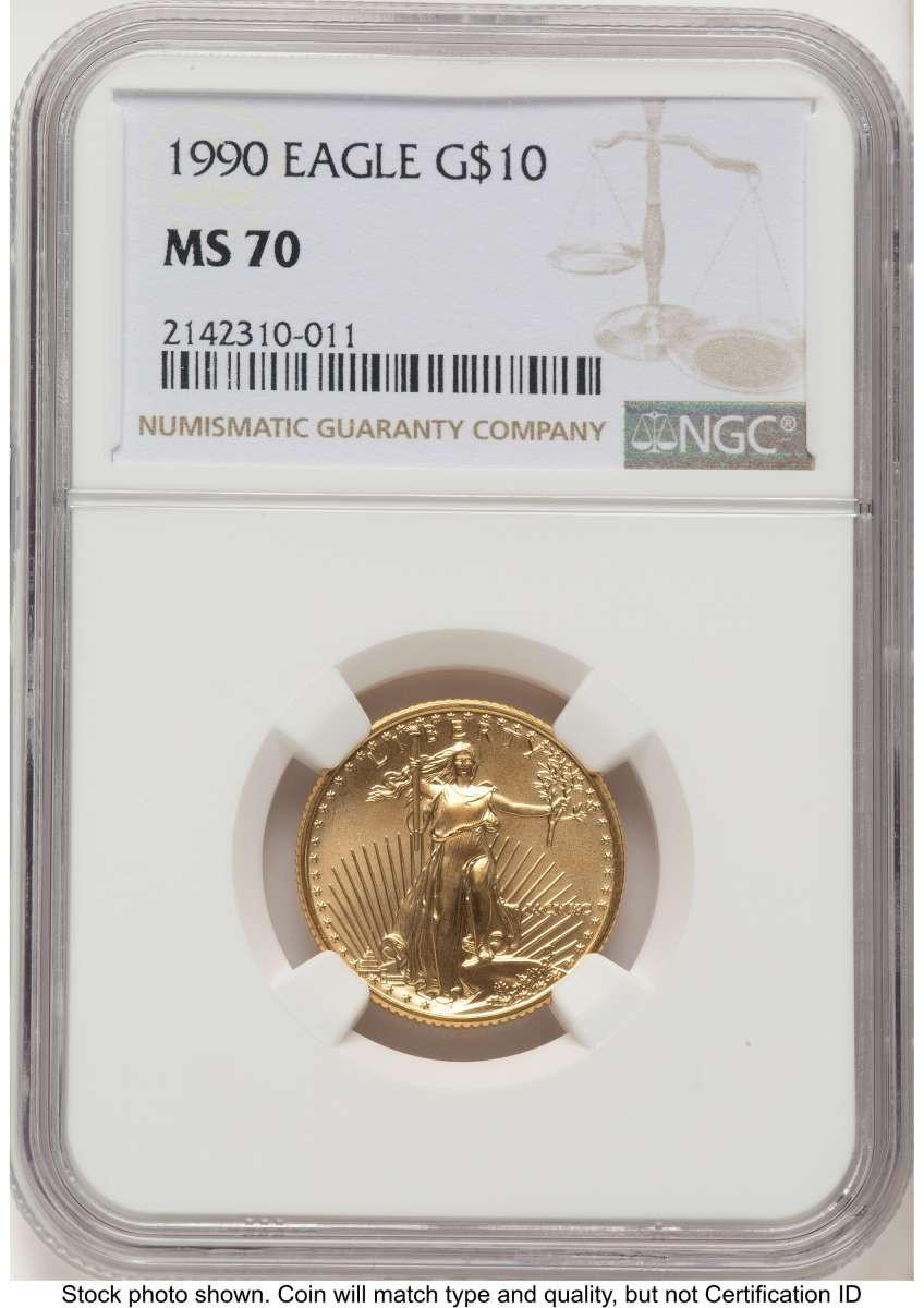 Bullionshark 1990 $10 1/4 oz American Gold Eagle Coin NGC MS70 - HAT762658044 