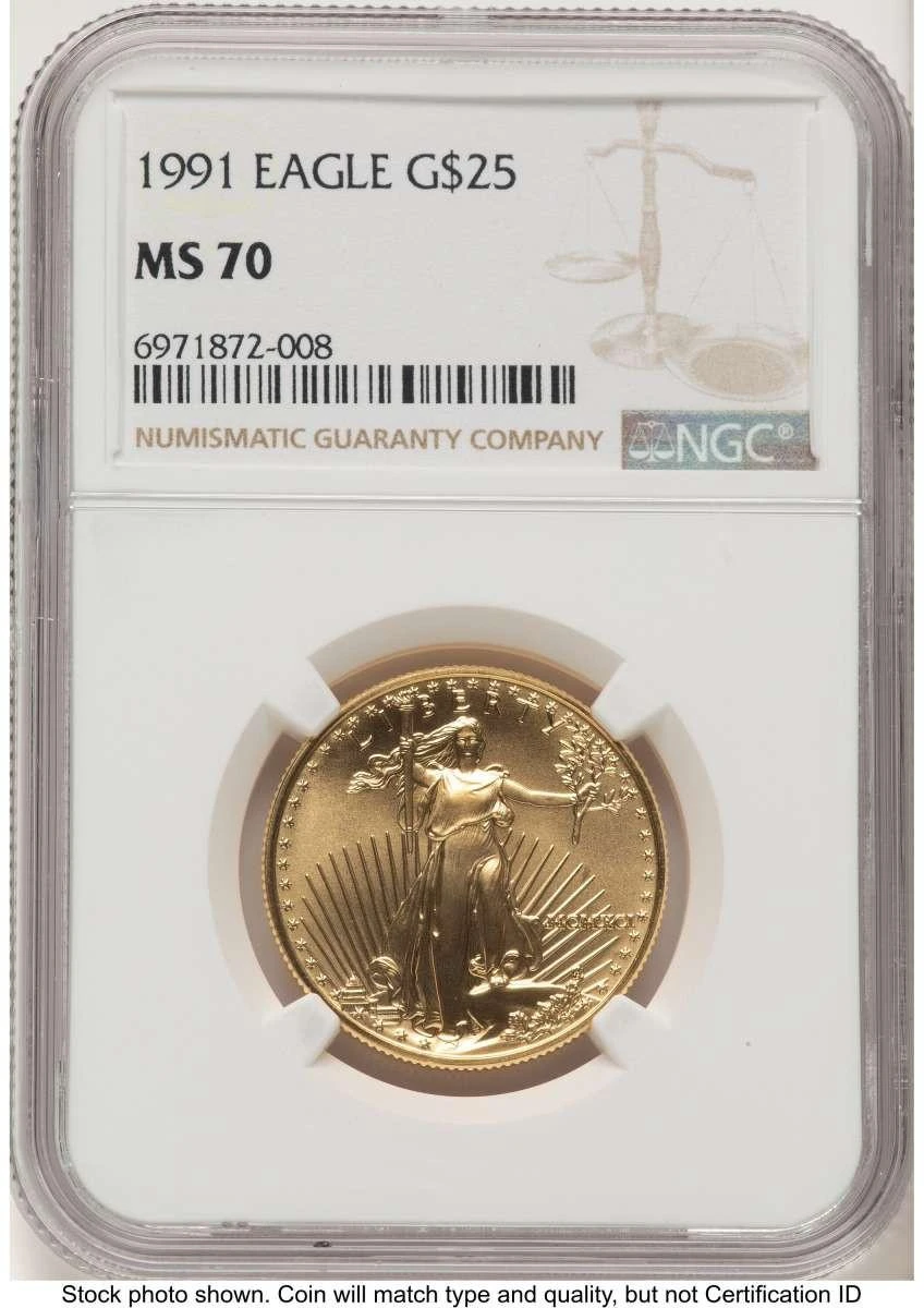 Bullionshark 1991 $25 1/2 oz American Gold Eagle Coin NGC MS70 - HAT777124007 