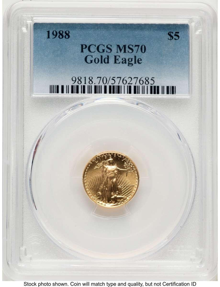 Bullionshark 1988 $5 1/10 oz American Gold Eagle Coin PCGS MS70 - HAT789075001 